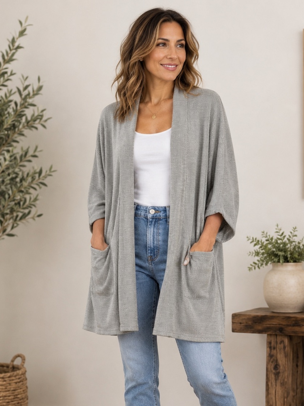 DONNI. Heather Gray Open-Front Pocket Cardigan